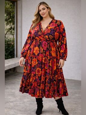 Fun, Boho style Plus Size V-Neck Floral Tiered Midi Dress in Multi-Color